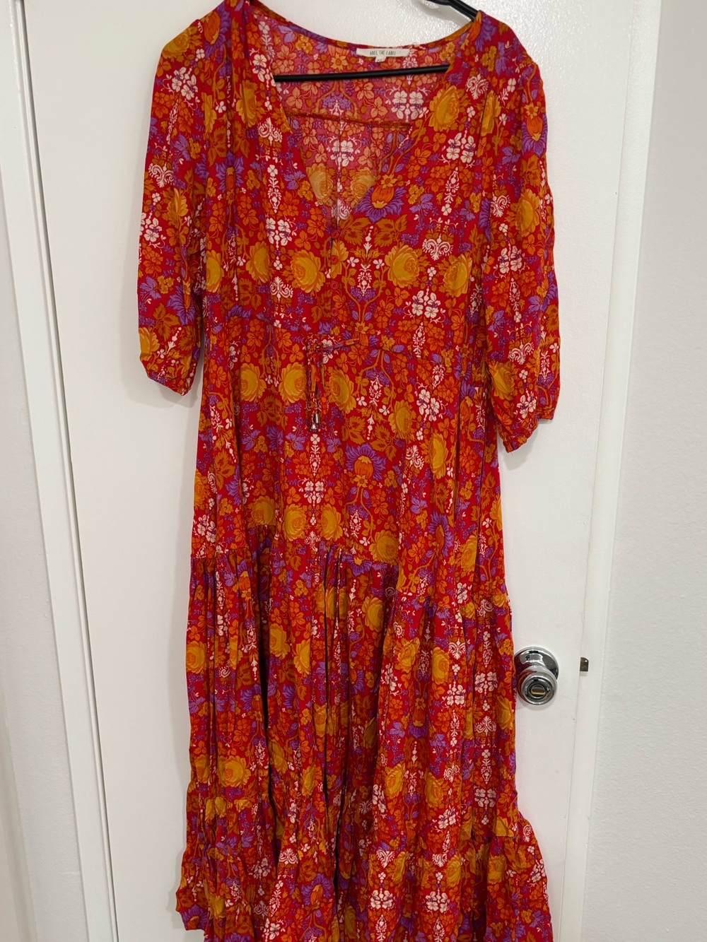 Abel the Label Vibrant Floral Tiered Midi Dress in Red and Orange